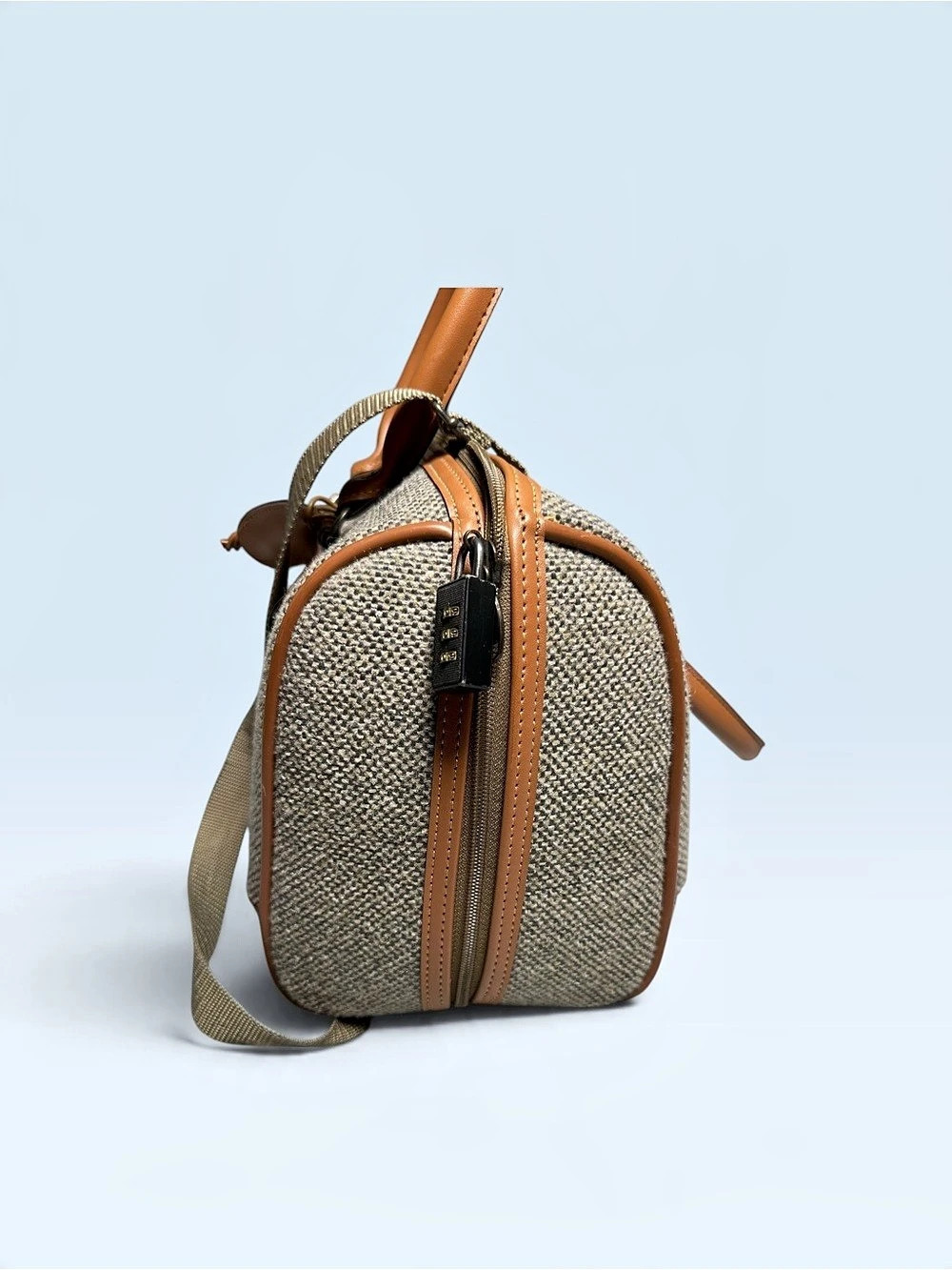 Vintage Palm Springs III Tweed Barrel Satchel Handbag Brown Tan Travel Bag - Picture 6 of 9